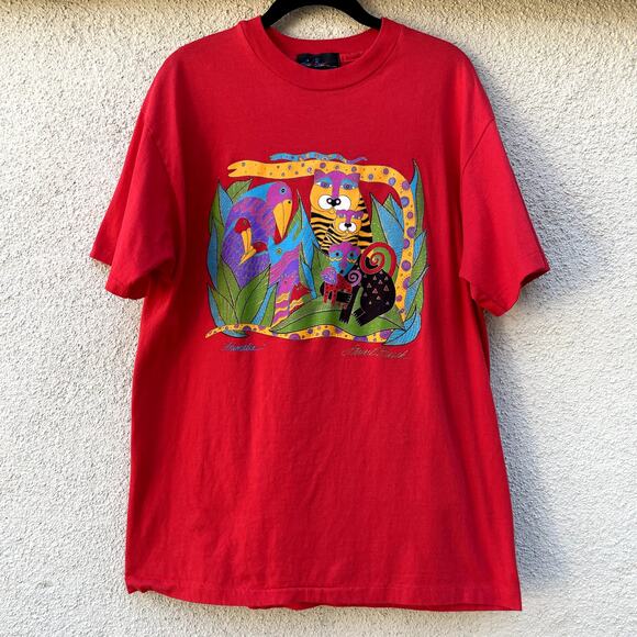 Vintage Laurel Burch Red Animalia Short Sleeve Tee OS M Single Stitch 90s Y2K - Picture 1 of 8